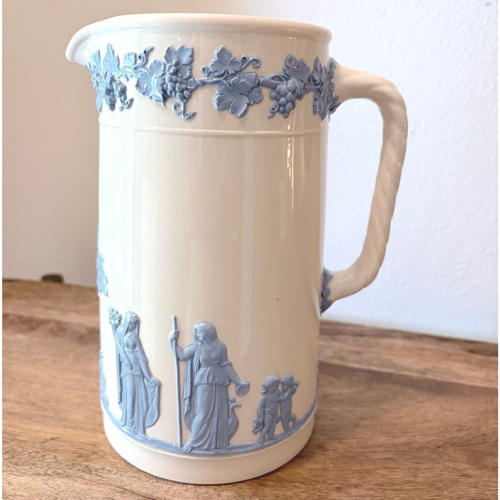 Vintage Wedgwood Embossed Queen's Ware Pitcher Cream Blue Neoclassical 7"